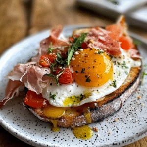Fried Egg Yolk, Burrata and Prosciutto Toast