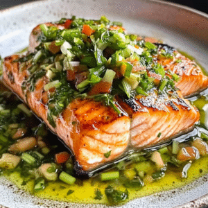 Miso Butter Salmon with Sizzled Scallion Salsa Verde